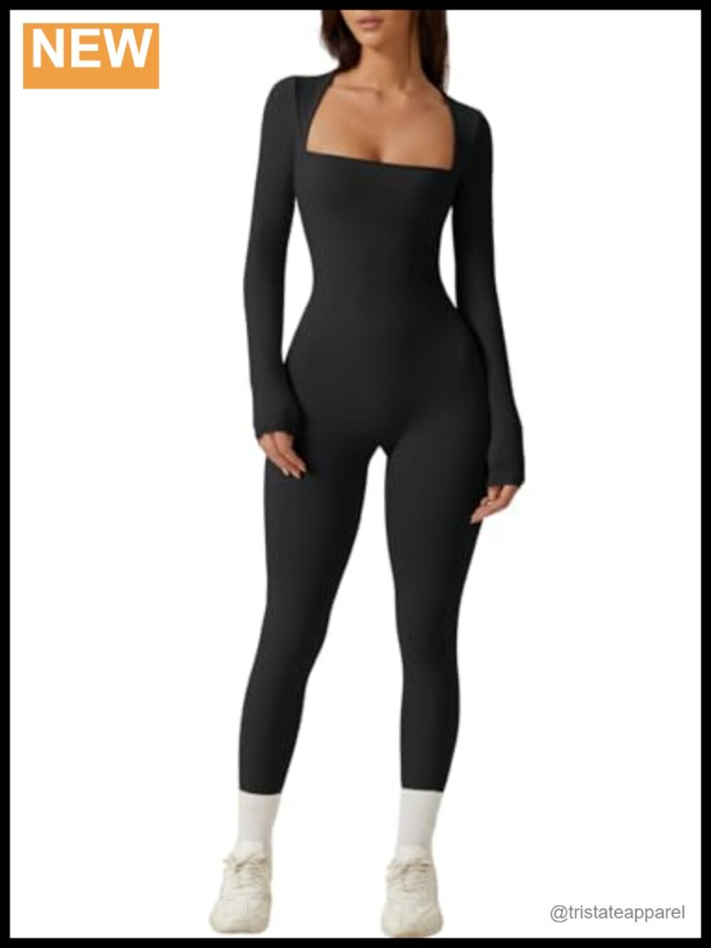 Square Neck Long Sleeve Full Length Leggings Jumpsuit Bodycon Stretch